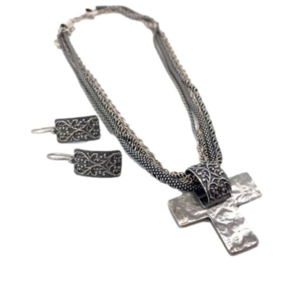 Silpada Sterling Silver Necklace Filigree Scroll Cross Pendant and Earrings Set